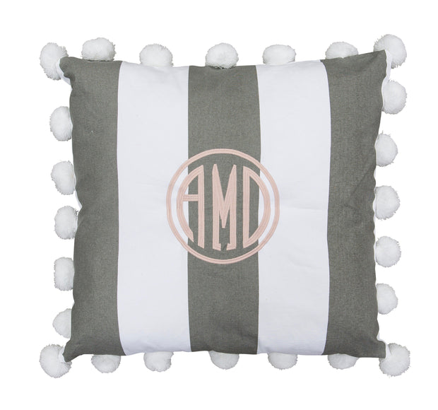 Happy Pom Pillow - Gray and White Stripe