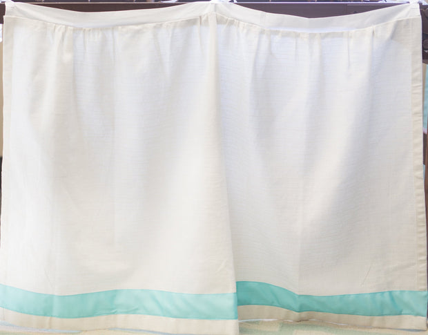 Bed Skirt Panel -  White with Spa Blue Ribbon